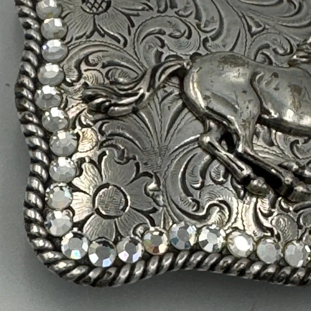 Western Horse Belt Buckle Silver Tone‎ Floral Engraved Rhinestone Border Rodeo